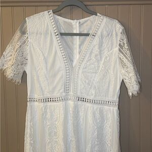 White Lace Maxi Dress V-Neck Crochet Trim Short Sleeve Wedding Boho XL